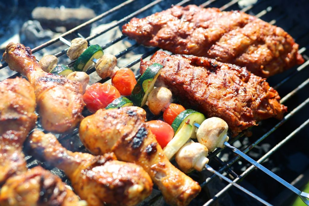 Barbecue grill meats and vegetables