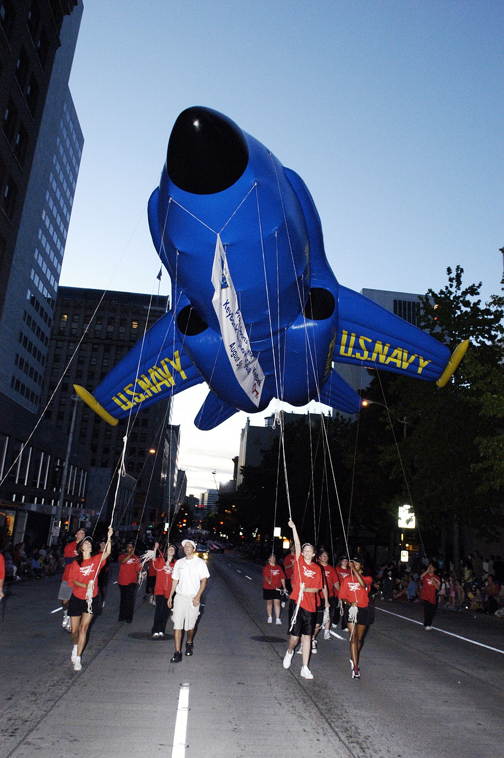 U.S. Navy Blue Angels balloon in 2005 Seattle Torchlight Parade photo by U.S. Navy photo by Photographer's Mate 2nd Class Eli J. Medellin [public domain]