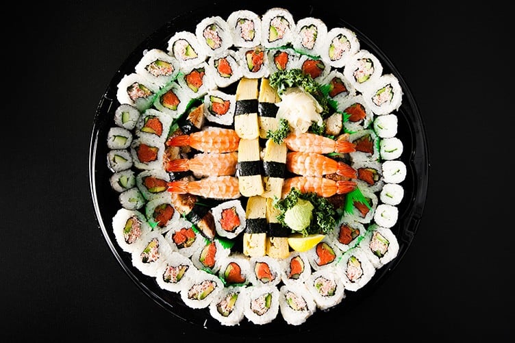 Uwajimaya party platter with sushi