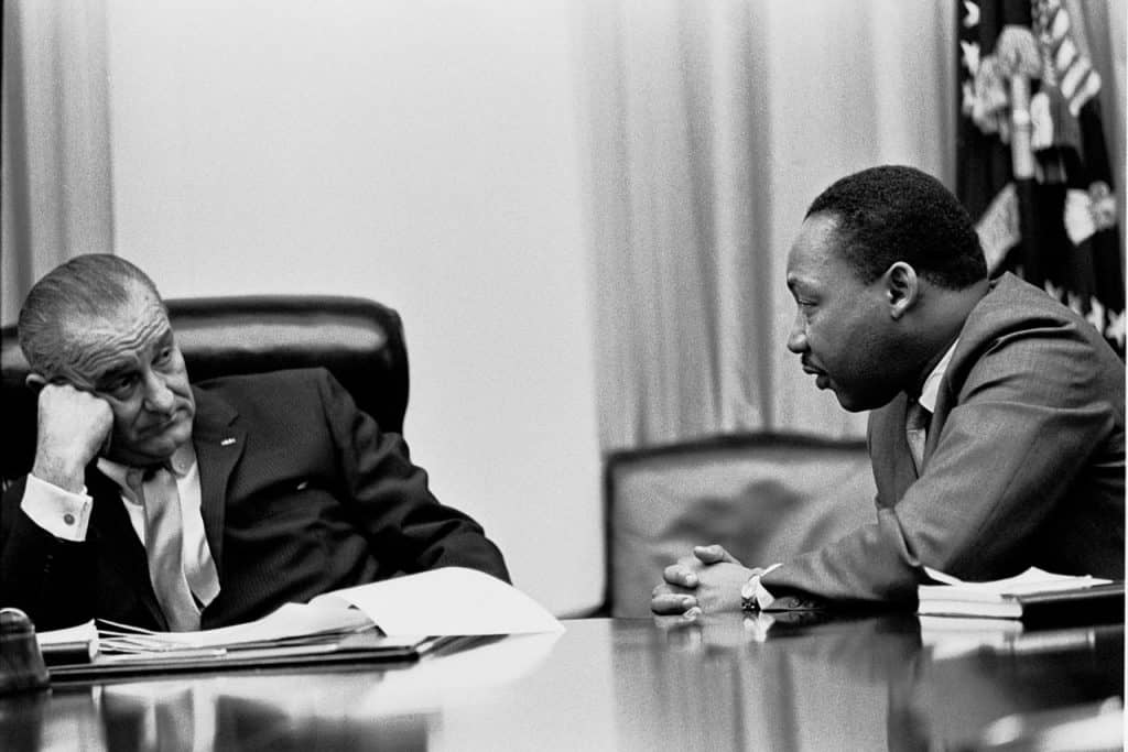 President Lyndon B. Johnson meets with Martin Luther King, Jr. in the White House Cabinet Room 18 March 1966 (public domain)