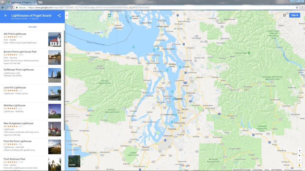 Puget Sound lighthouses Google map