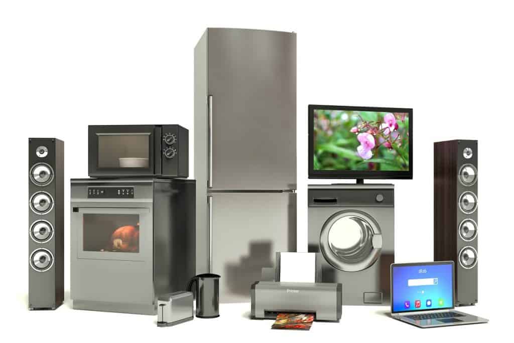 Home appliances: refrigerator, range, microwave, washing machine, laptop, tv photo by StockerNumber2 - DepositPhotos.com
