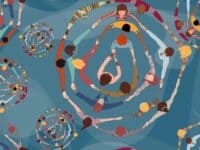 graphic of multi-cultural people holding hands and dancing in circles