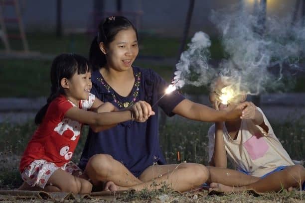 Family celebrating with sparklers