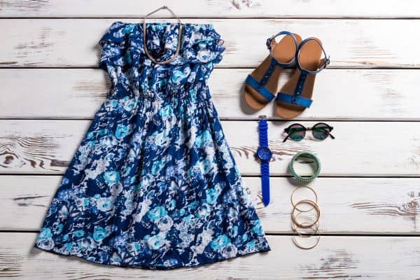 Summer outfit with sundress, sandals, and accessories