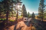 driving wooded mountain road in a camper