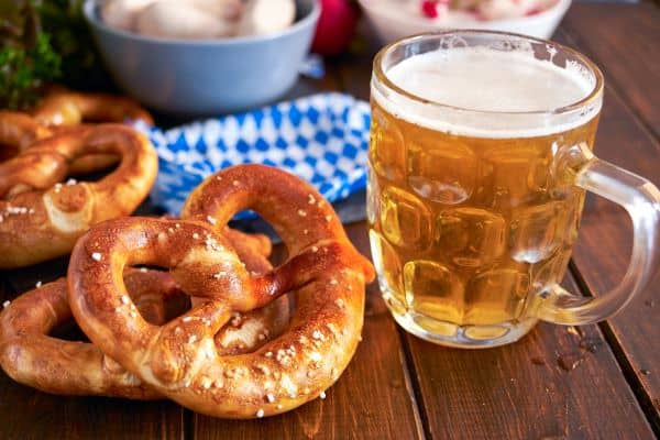 Stein of beer and pretzels