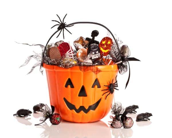 overflowing Halloween candy bucket