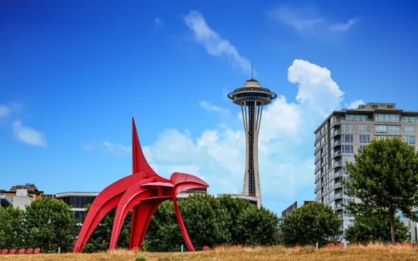 Olympic Sculpture Park "Eagle" and Space Needle in the background