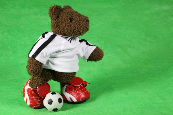 teddy bear playing soccer