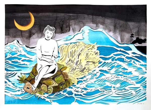 Lauren Iida. Departed (Urashima Taro as Mildred), 2021. Hand-cut paper, acrylic, ink, watercolor.