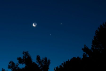 January conjunction with crescent moon, Saturn (middle), and Venus (right)