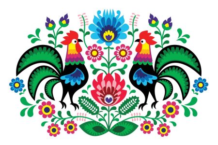 traditional Polish folk embroidery pattern with flowers and cocks