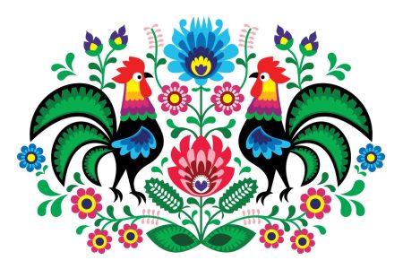 traditional Polish folk embroidery pattern with flowers and cocks