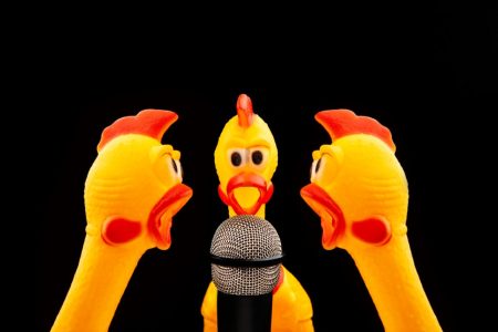 trio of rubber chickens at the microphone