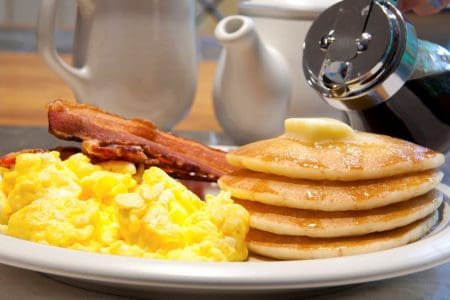 pancake eggs & bacon breakfast