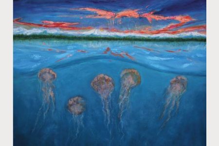 Poster for Arts Walk Olympia Fall 2022 'Where the Earth Meets the Sky' by Katherine Ransom