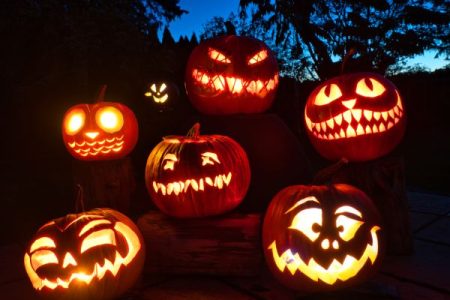 Decorated jack-o-lantern pumpkins