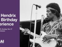 Banner for Jimi Hendrix 80th birthday at Seattle MOHAI Nov 25-27, 2022