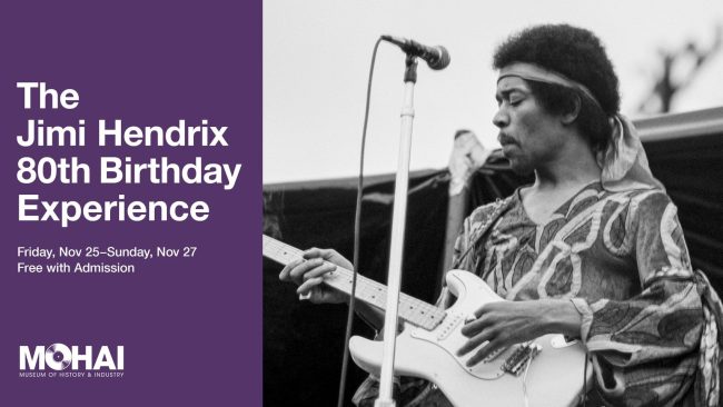 Banner for Jimi Hendrix 80th birthday at Seattle MOHAI Nov 25-27, 2022