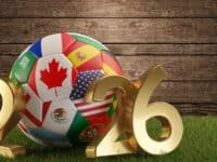 Soccer ball FIFA World Cup 2026 host country flags (Canada, Mexico, USA)