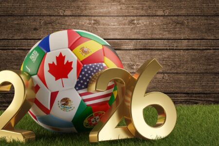 Soccer ball FIFA World Cup 2026 host country flags (Canada, Mexico, USA)