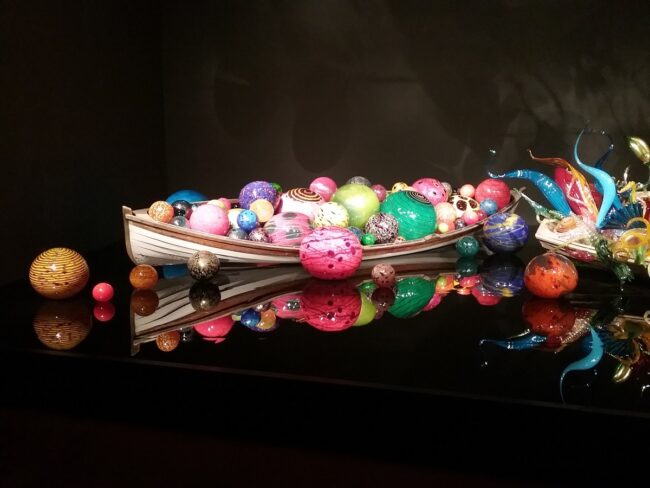 Chihuly Garden and Glass balls and boat artwork