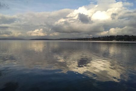 Lake Washington looking calm and serene on a cloudy but bright day