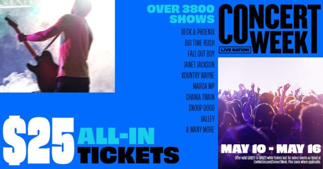 Live Nation Concert Week 2023 banner ($25 concert tickets May 10-16 or while supplies last)