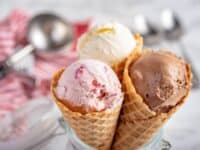 strawberry, vanilla, chocolate ice cream waffle cones