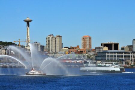 Fire boat demonstration on Puget Sound during Seattle Seafair Fleet Week