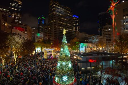 Aerial view of Westlake Christmas Tree in Downtown Seattle