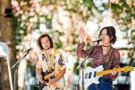 Seattle DSA OTL concert Tangerine playing at Occidental Square in 2016