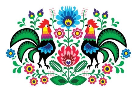 traditional Polish folk embroidery pattern with flowers and cocks