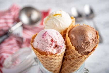 strawberry, vanilla, chocolate ice cream waffle cones