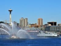 Fire boat demonstration on Puget Sound during Seattle Seafair Fleet Week
